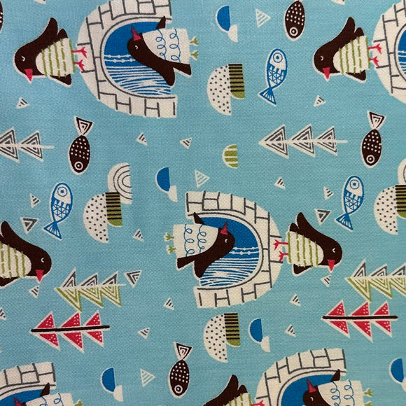 Fabric-Winter-Penguin Fish Igloo on light blue