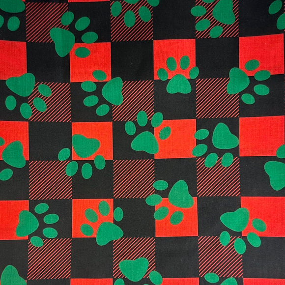 Fabric-Xmas - Green Pawprint-on-Buffalo Red
