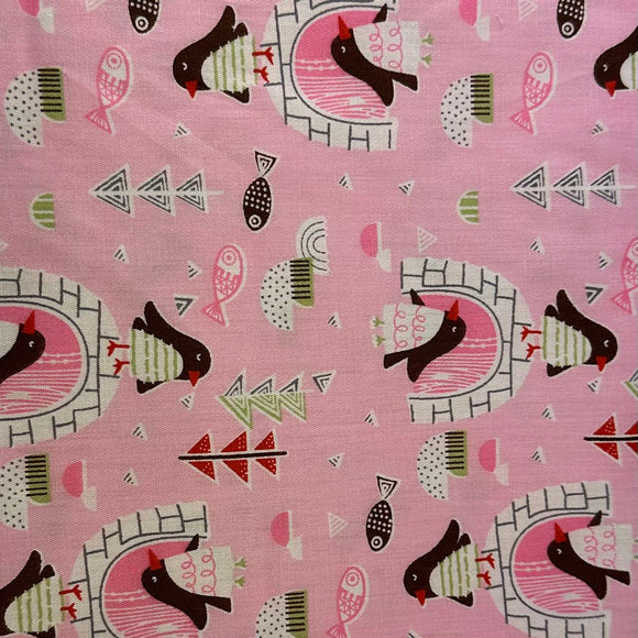 Fabric-Winter-Penguin Fish Igloo on Pink