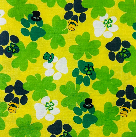Fabric - St. Patrick's - Clover with Paws on Yellow