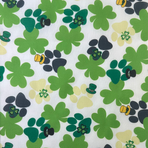 Fabric - St. Patrick's - Clover with Paws on White