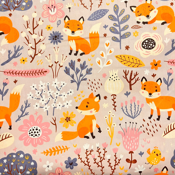 Fabric-Fall-Foxes in woods on light grey