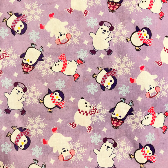 Fabric-Winter-Polar Bear and Penguin - Light Purple