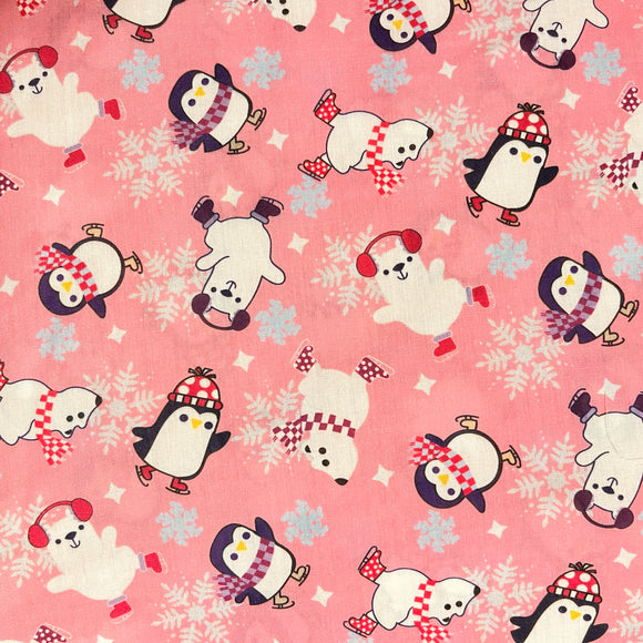 Fabric-Winter-Polar Bear and Penguin - Pink