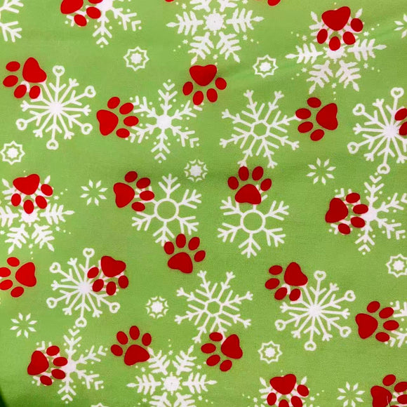 Fabric-Xmas - Snow Flakes n Paws - Lime green