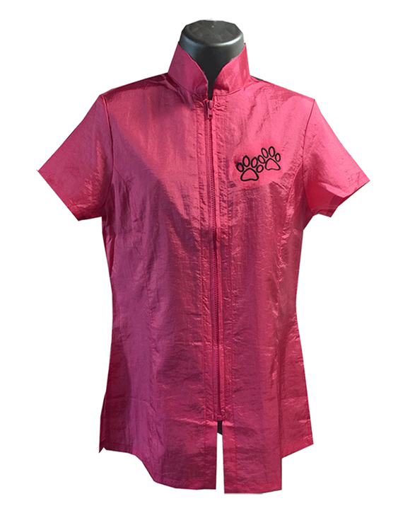 Grooming Zip-Up Color Smock Semi Fitted Short Sleeves Embroidery Nylon